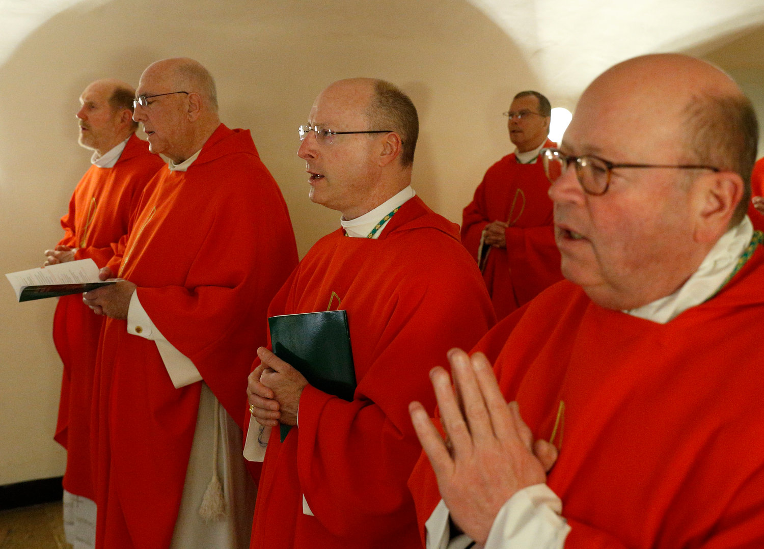 U.S. bishops concelebrate Mass in the crypt of St. Peter's Basilica at the Vatican Jan. 16, 2020. Pictured from left in the first row are Bishop Thomas R. Zinkula of Davenport, Iowa; Archbishop Joseph F. Naumann of Kansas City, Kan.; Bishop W. Shawn McKnight of Jefferson City, Mo.; and Bishop Carl A. Kemme of Wichita, Kan. Bishops from Iowa, Kansas, Missouri and Nebraska were making their "ad limina" visits to the Vatican to report on the status of their dioceses to the pope and Vatican officials.